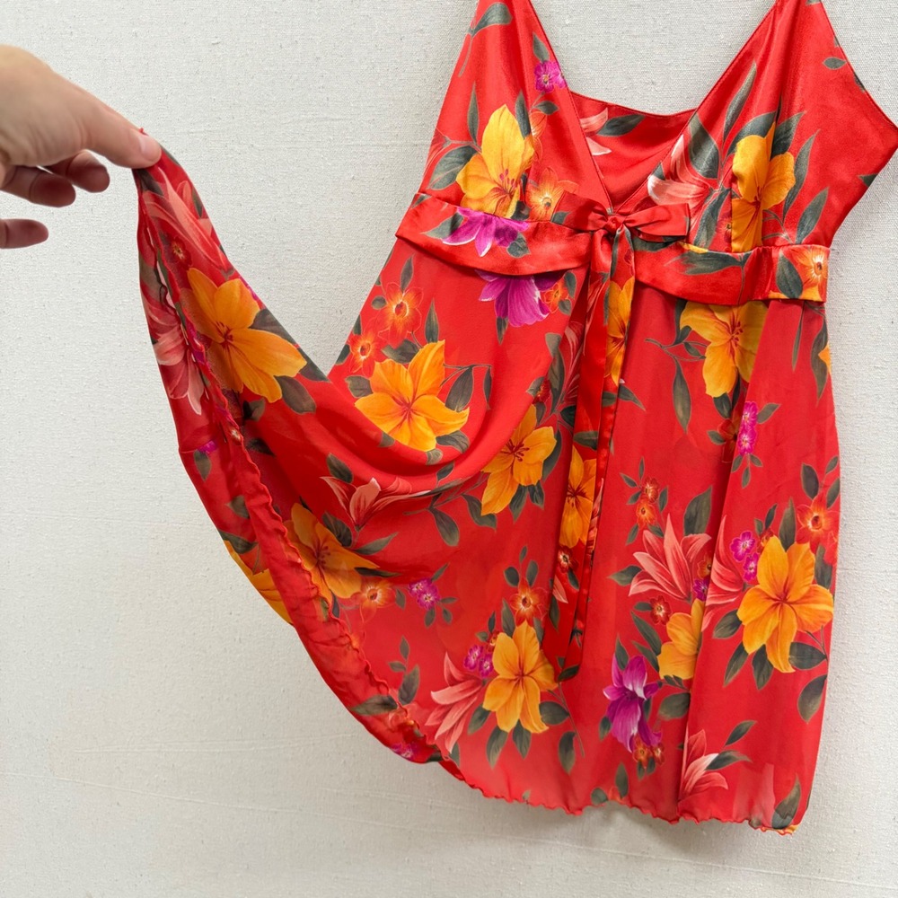 Vintage Intimate Secrets Red Floral Babydoll Chemise Lingerie Sheer Hem Medium - Picture 3 of 11